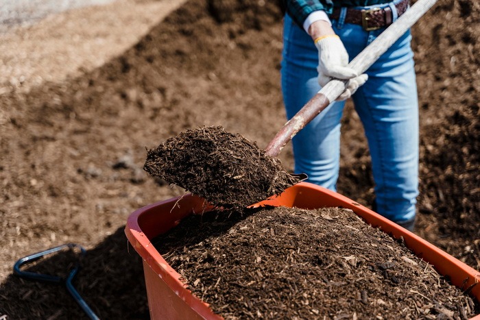A picture of a man working with compost in a wheelbarrow